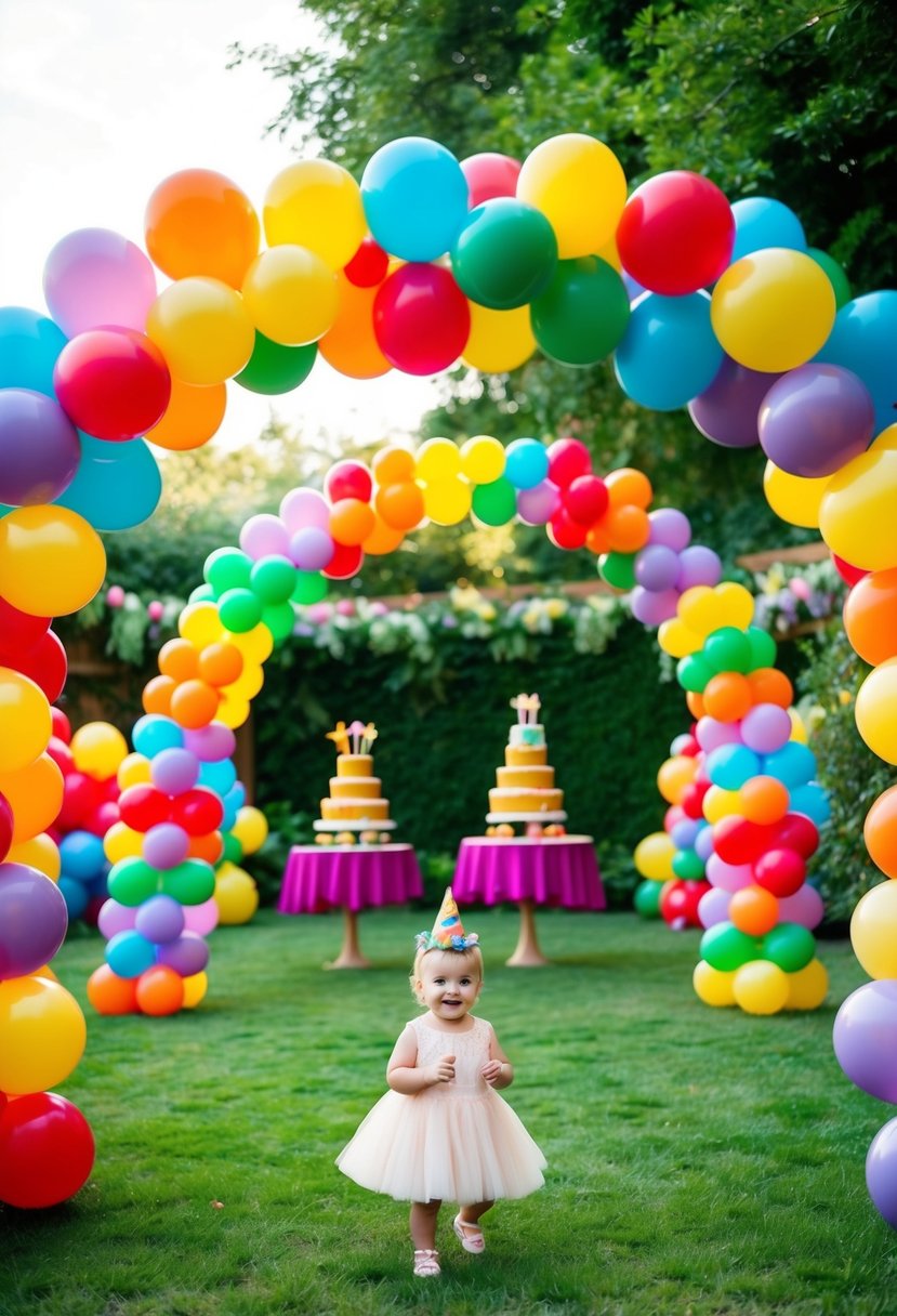 A garden filled with vibrant balloon arches, creating a whimsical and cheerful atmosphere for a 1-year-old's birthday party