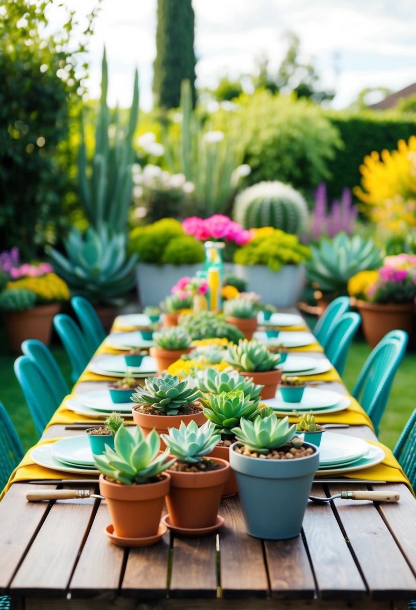 A table filled with succulents, pots, and gardening tools set up in a vibrant garden for a 90th birthday celebration