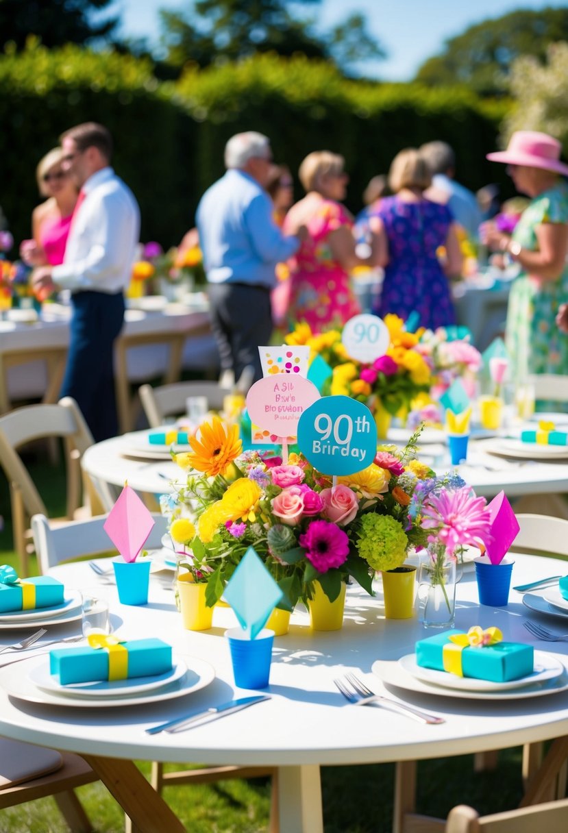A lively garden party with colorful personalized party favors for a 90th birthday celebration. Tables adorned with floral centerpieces and guests mingling in the sunshine