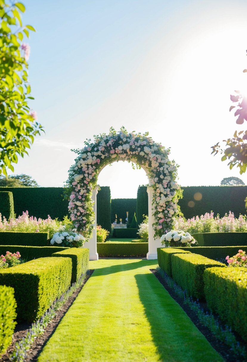 A lush garden with a grand floral arch, surrounded by elegant hedges and blooming flowers, set against a bright, sunny sky