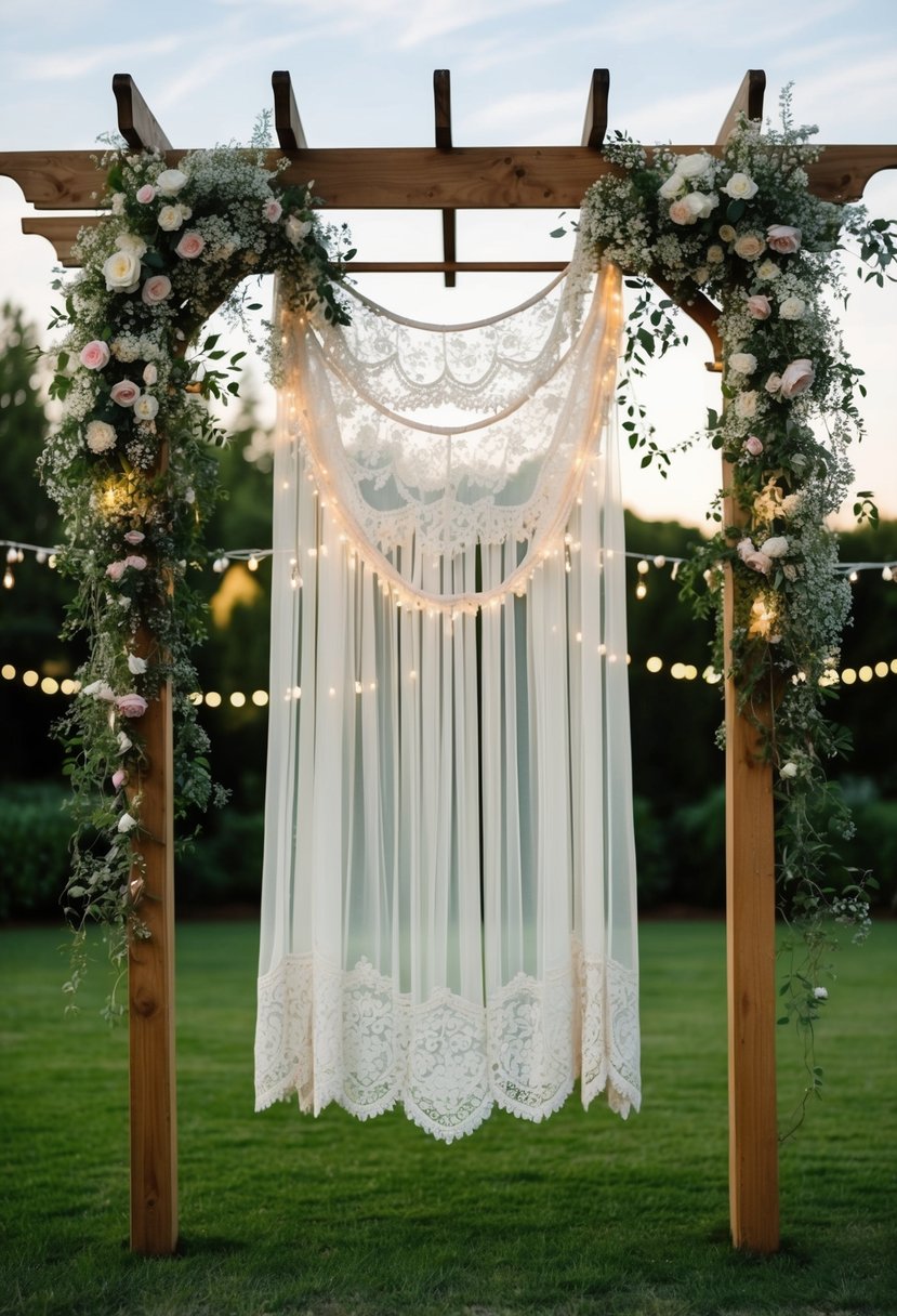 A garden party backdrop with vintage lace hanging from a wooden pergola, adorned with cascading flowers and twinkling lights