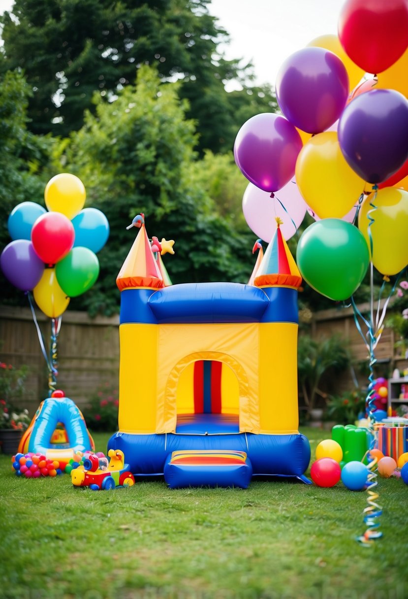 A small bouncy castle surrounded by colorful balloons and toys in a garden setting, with a festive atmosphere for a 1-year-old's birthday party
