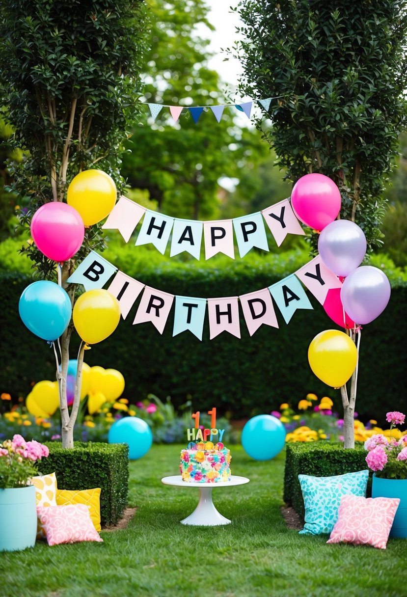 A colorful garden with balloons, flowers, and a large "Happy Birthday" banner strung between two trees for a 1-year-old's party