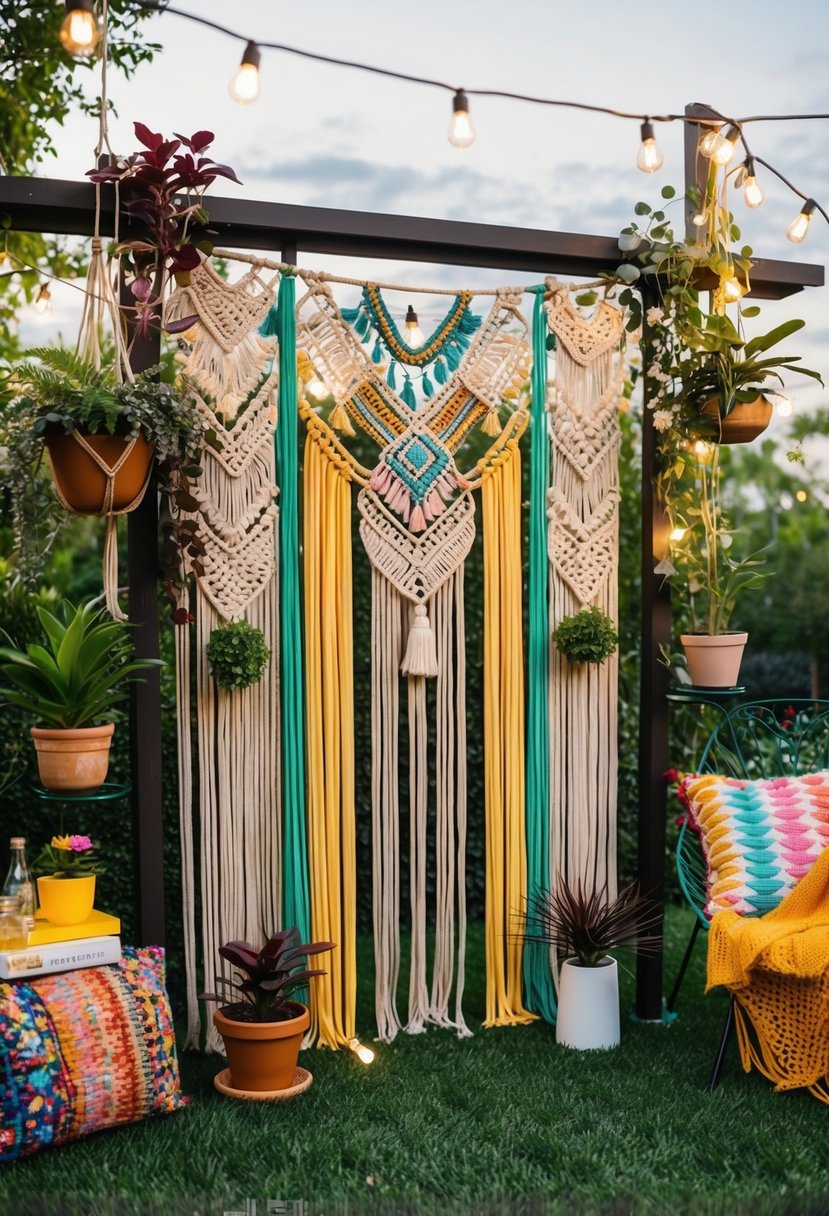 A colorful macrame wall adorned with hanging plants, string lights, and bohemian decor creates a whimsical backdrop for a garden party