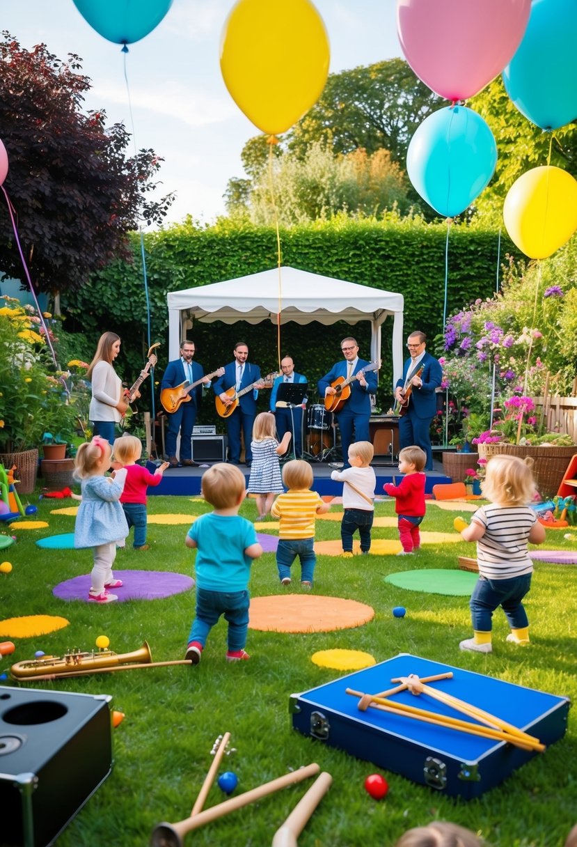 A colorful garden with musical instruments scattered around, balloons, and a small stage with a band playing for a group of toddlers and their parents