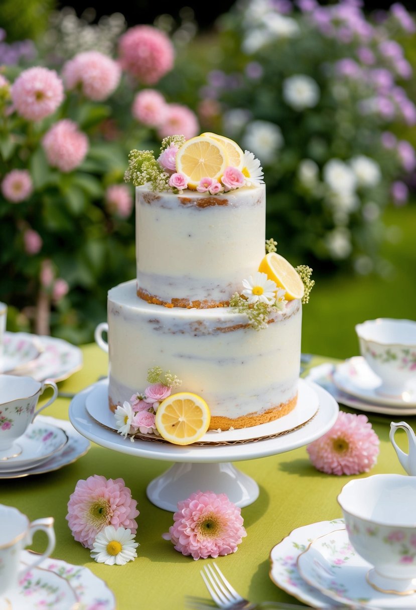 A garden party table adorned with a two-tiered lemon elderflower cake, surrounded by pastel flowers and delicate teacups