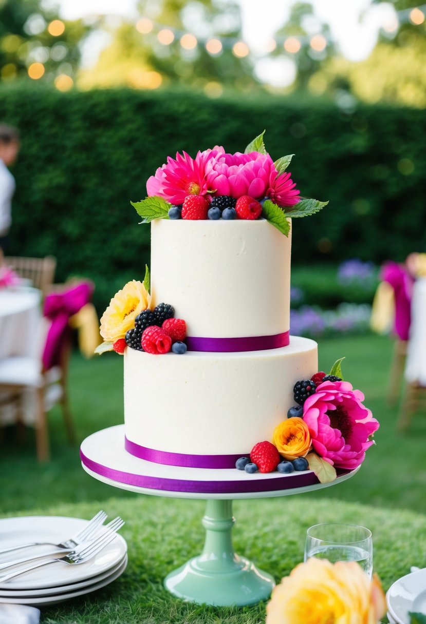 A two-tier cake adorned with vibrant berry buttercream flowers in a garden party setting