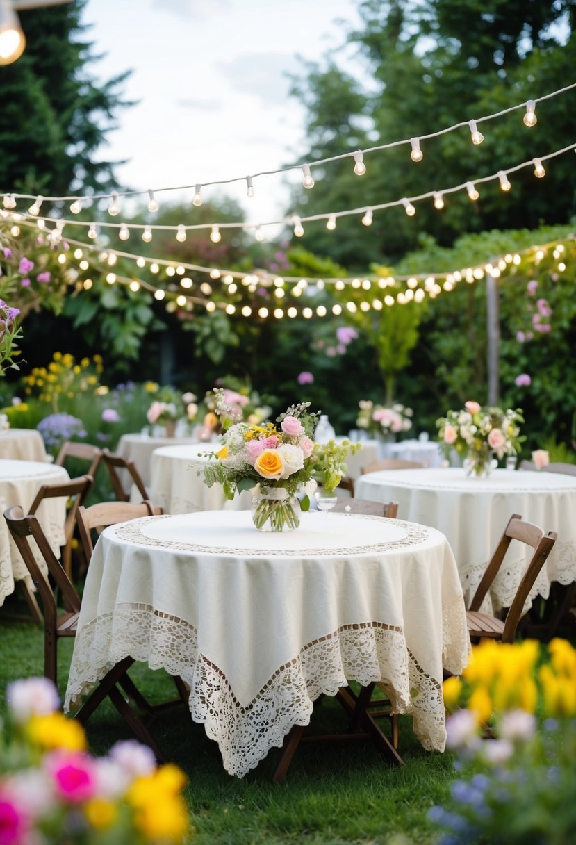 A garden party with vintage lace tablecloths draped over tables, surrounded by blooming flowers and hanging fairy lights