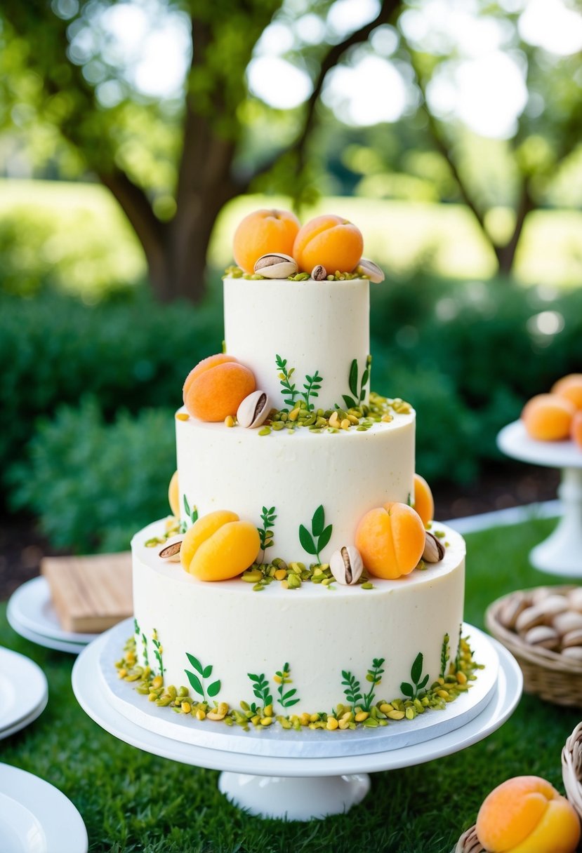 A two-tier garden party cake adorned with pistachios and apricots