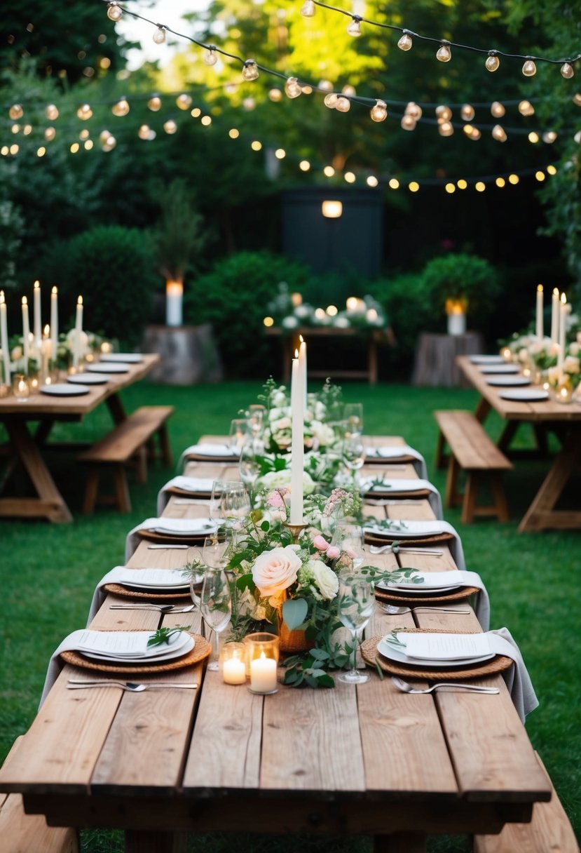 Rustic wooden tables set in a lush garden, adorned with floral centerpieces and soft candlelight, creating a cozy and inviting atmosphere for a garden party