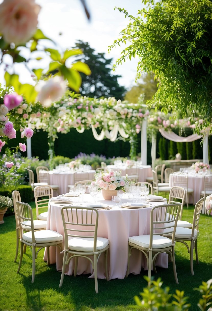 A lush garden with blooming flowers, delicate pastel decor, and elegant outdoor furniture set up for a sophisticated garden party
