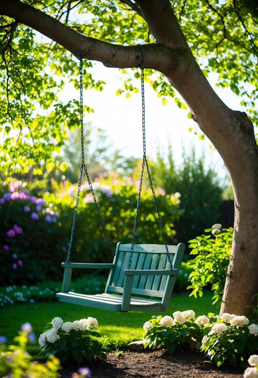 A garden swing hangs from a sturdy tree, surrounded by blooming flowers and lush greenery. The sunlight filters through the leaves, casting dappled shadows on the ground