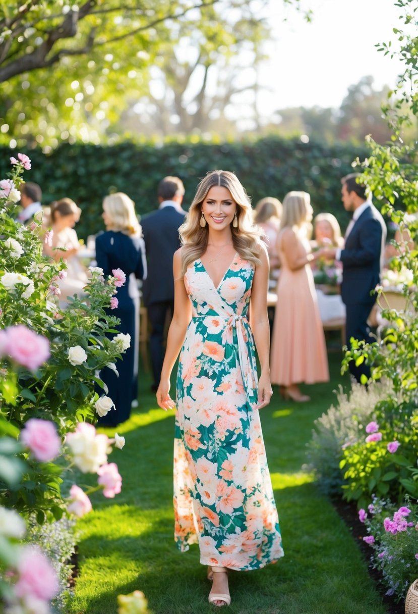 A garden party scene with a woman in a floral maxi dress, surrounded by blooming flowers and greenery, with soft sunlight filtering through the trees