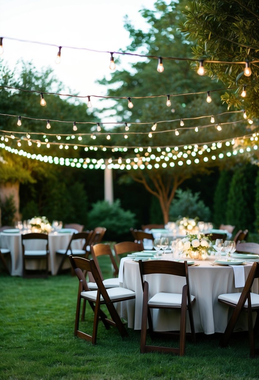 A backyard garden adorned with twinkling outdoor string lights, setting the scene for an elegant adult celebration