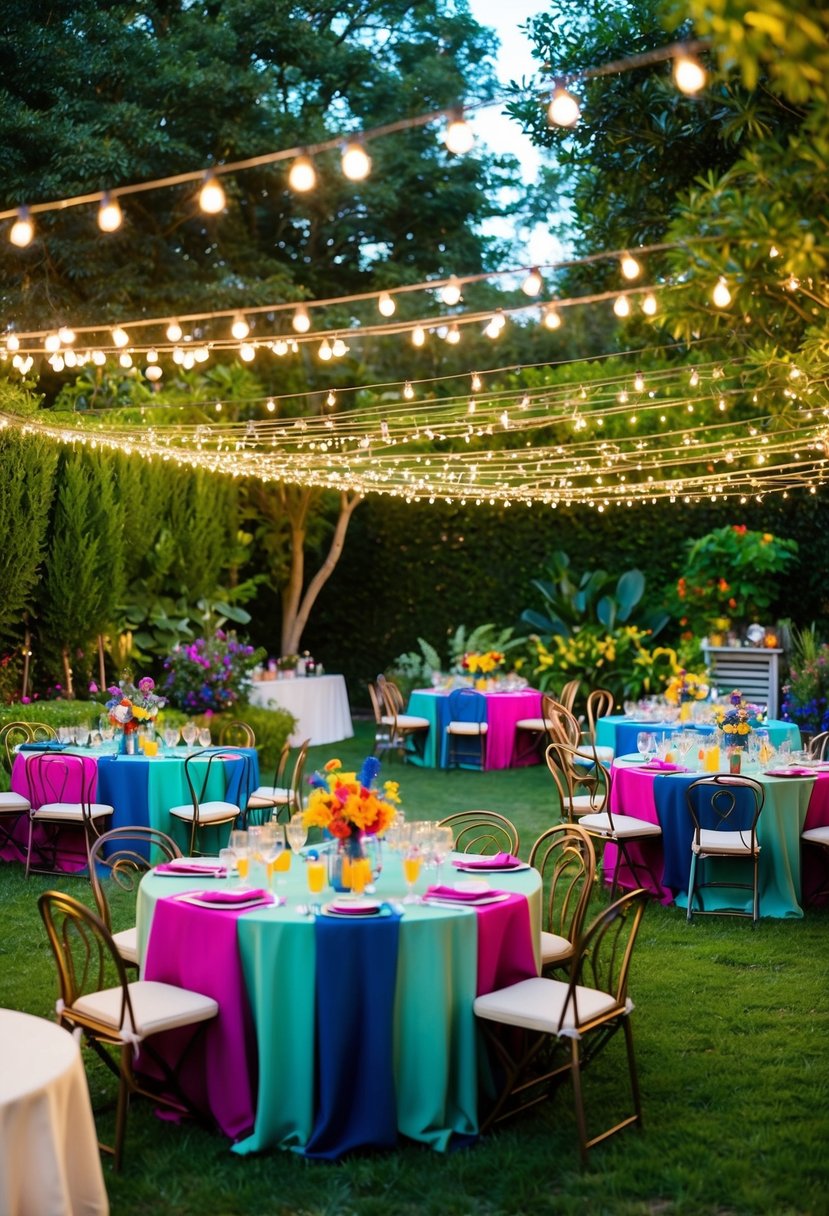 A lush garden with twinkling string lights, colorful cocktail stations, and elegant outdoor seating for a festive adult celebration