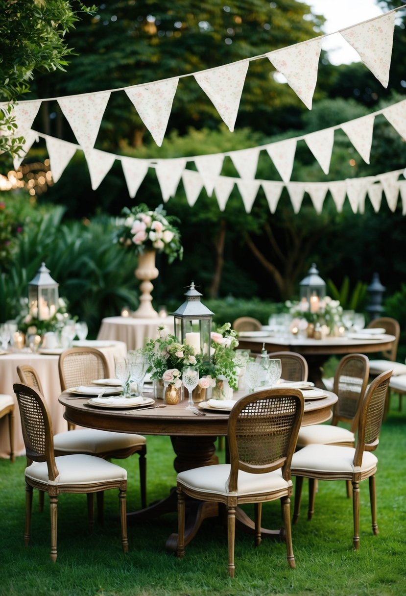 A lush garden with antique lanterns, floral bunting, and vintage furniture arranged for an elegant adult celebration