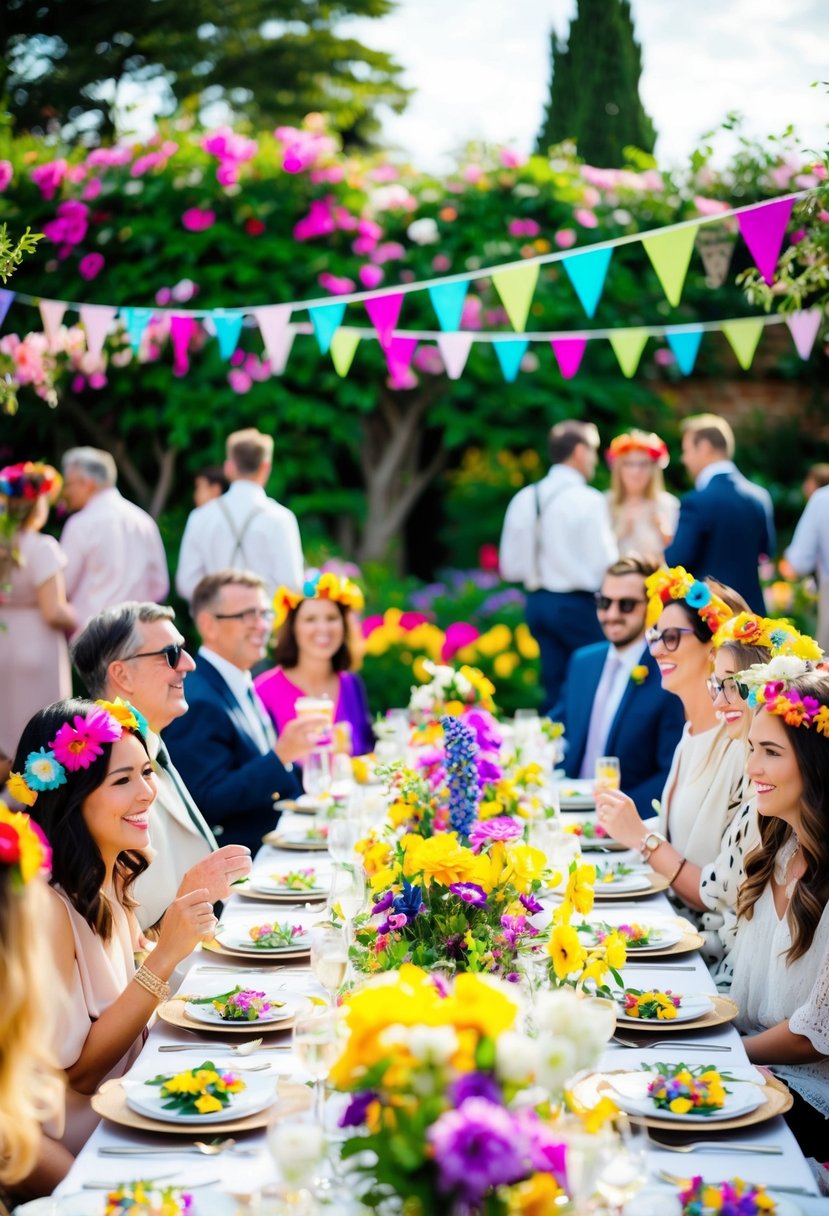 A vibrant garden filled with blooming flowers, tables adorned with colorful flower crowns, and guests mingling and enjoying the festive atmosphere