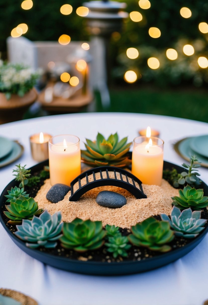 A small Zen garden with rocks, raked sand, and a miniature bridge, surrounded by candles and succulents, serves as a tranquil centerpiece for a garden party