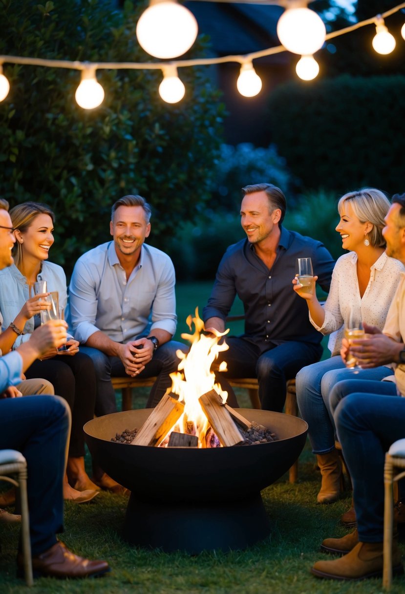 A group of adults gathers around a cozy fire pit in a garden, chatting and laughing as they enjoy a nighttime celebration