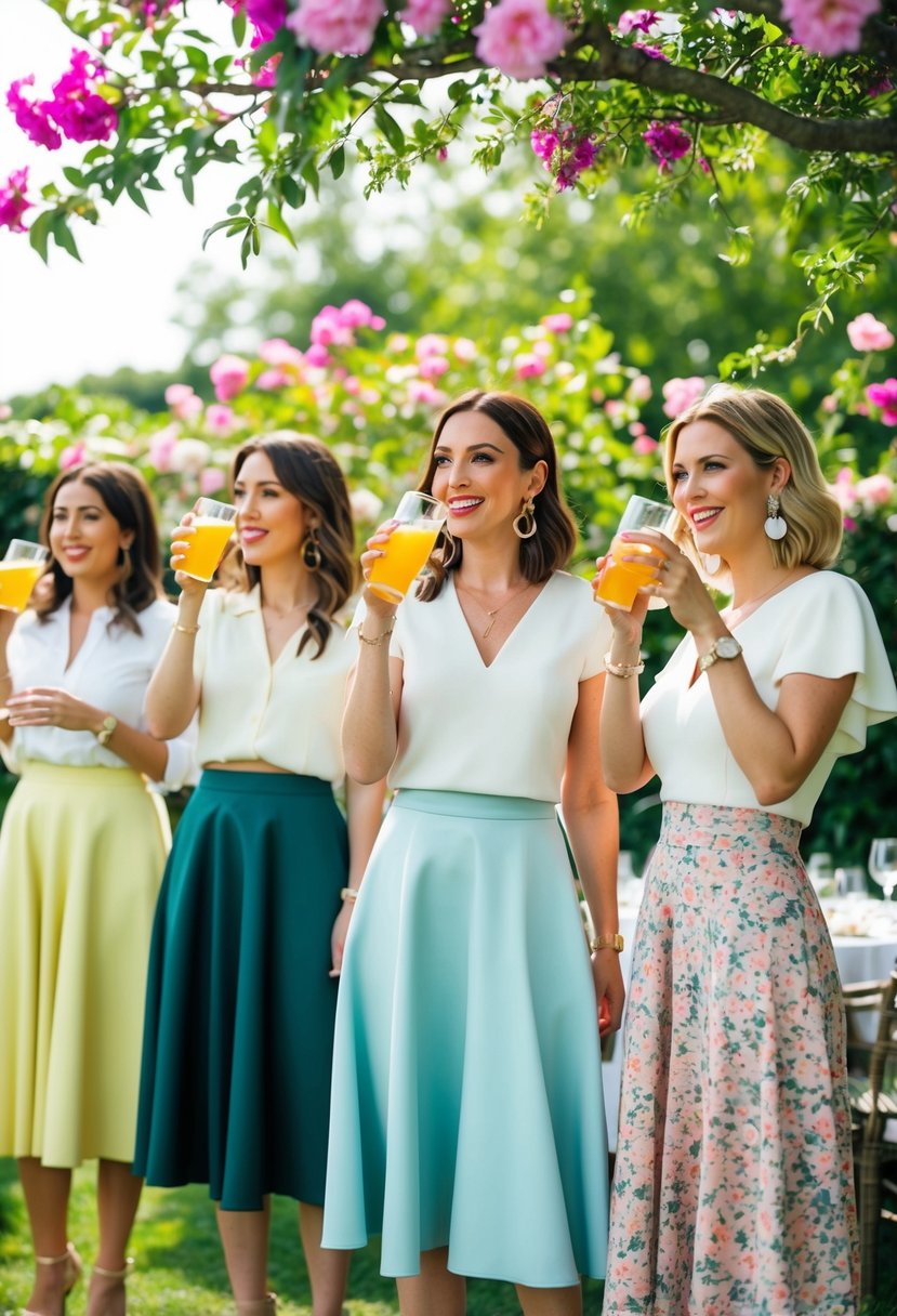 A garden party scene with women wearing midi skirts, surrounded by blooming flowers and sipping on drinks