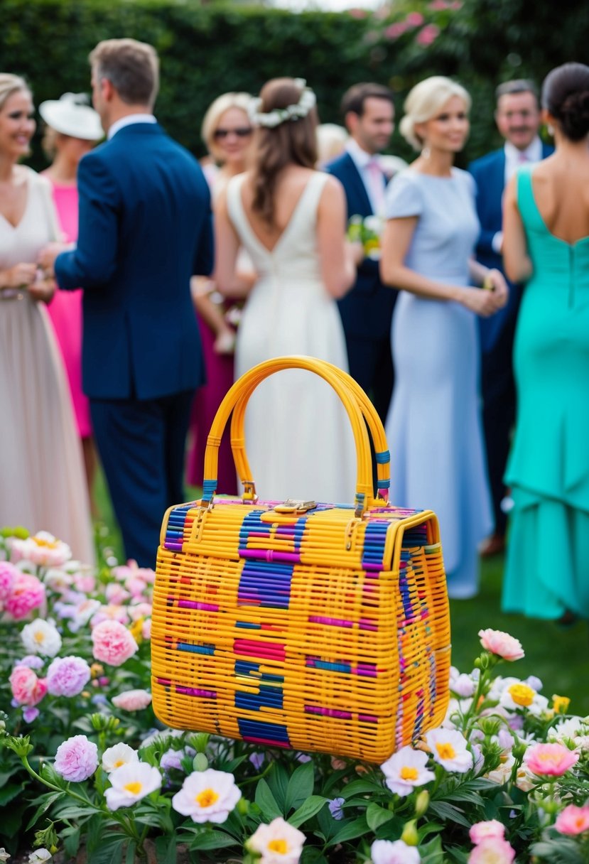A colorful rattan handbag sits among blooming flowers at a garden party. Women in elegant attire mingle in the background