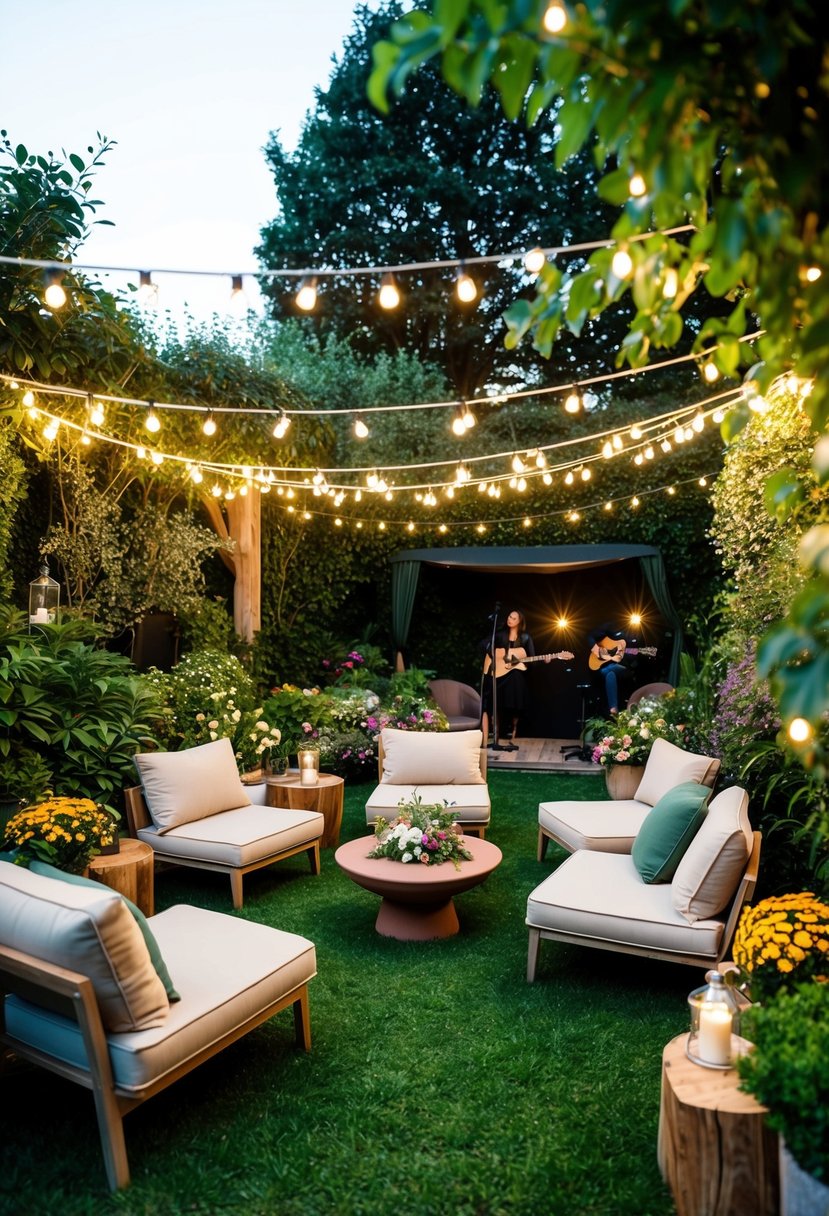 A cozy garden filled with twinkling lights, comfortable seating, and a small stage for live acoustic music. Lush greenery and colorful flowers create a serene and inviting atmosphere for an adult celebration