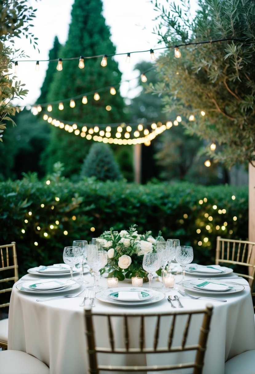 An elegant table set with fine china and crystal glasses, surrounded by lush greenery and twinkling lights, creating a sophisticated al fresco dining experience