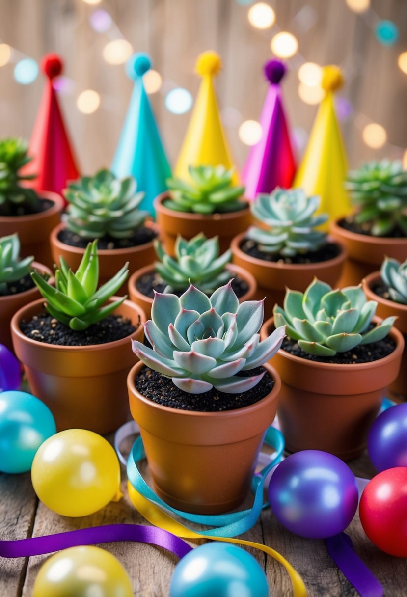 A collection of mini succulent plants arranged in decorative pots, surrounded by colorful party favors and ribbons