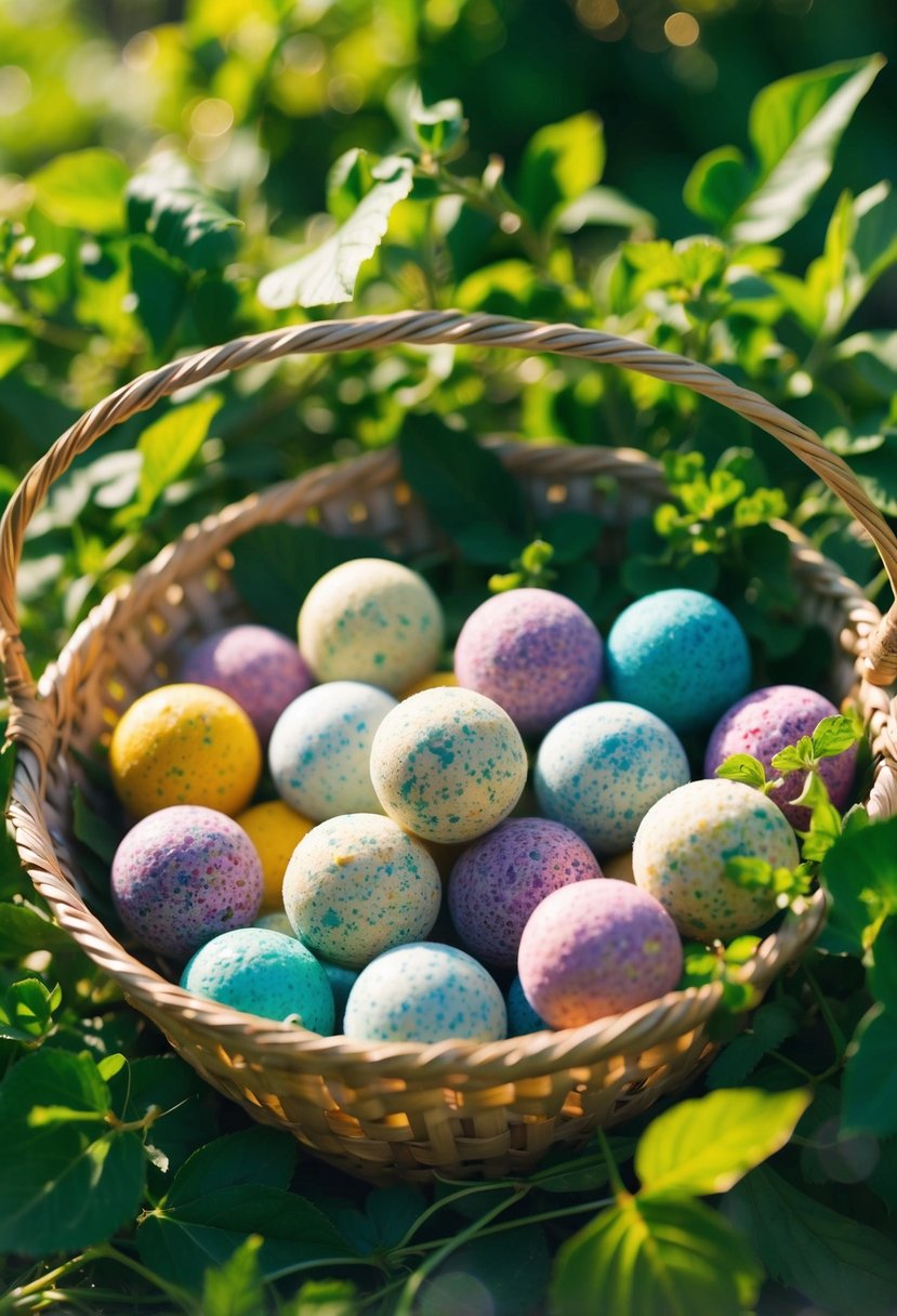 Colorful wildflower seed bombs scattered among greenery in a rustic basket, with sunlight streaming through the leaves