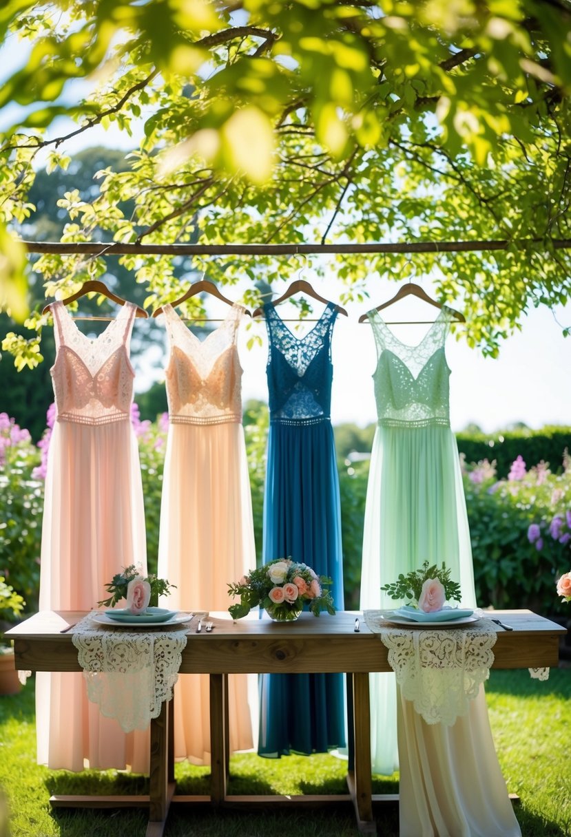 A sunlit garden with blooming flowers, a wooden table set with delicate lace-trimmed maxi dresses in various colors, and a gentle breeze rustling the leaves