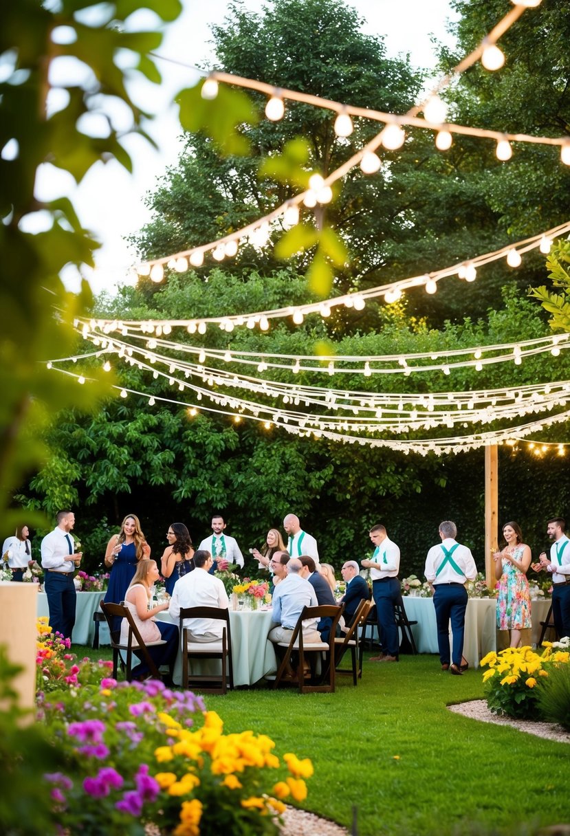 A garden party with a canopy of string lights, surrounded by lush greenery and colorful flowers