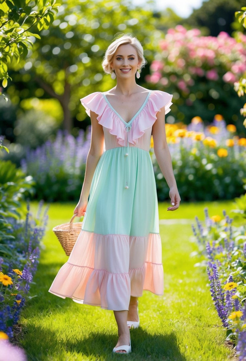 A sun-drenched garden with blooming flowers, where a pastel ruffle sundress-clad figure strolls gracefully