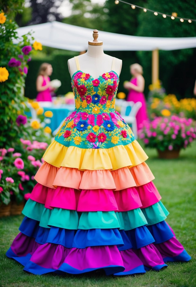 A colorful tiered dress adorned with floral embroidery, set in a vibrant garden party with blooming flowers and lush greenery