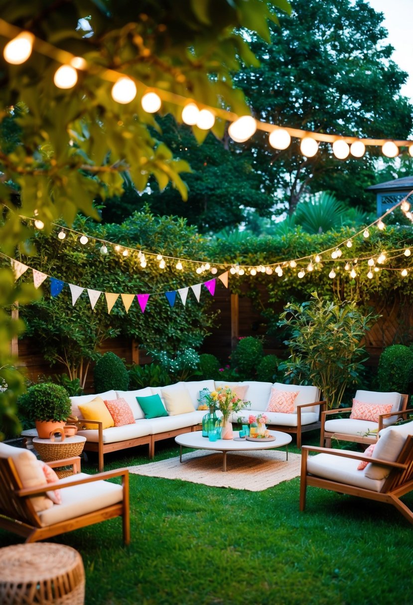 A lush garden with cozy seating areas, string lights, and colorful decorations for a lively outdoor party