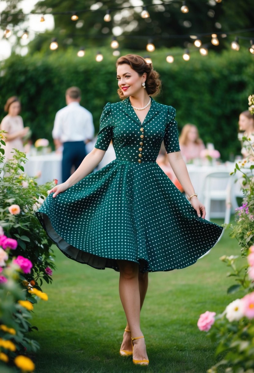 A woman in a vintage polka dot swing dress twirls among blooming flowers in a garden party setting