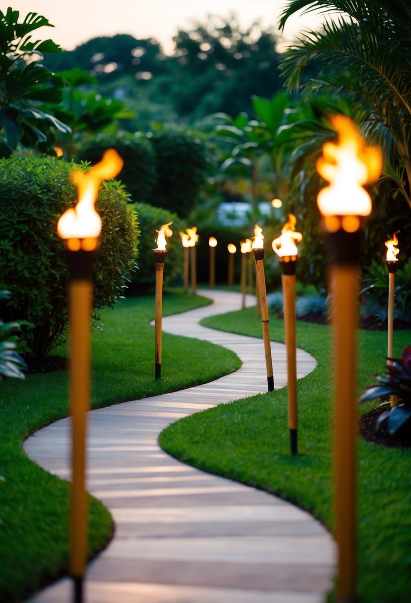 A winding pathway lined with tiki torches leads through a lush garden, creating a warm and inviting atmosphere for a party