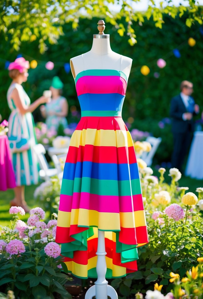 A garden party scene with a vibrant, striped high-low dress on a mannequin, surrounded by blooming flowers and a sunlit garden