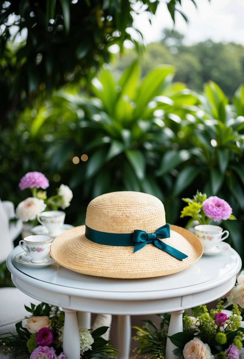 A straw hat with a ribbon sits atop a table adorned with flowers and teacups, surrounded by lush greenery