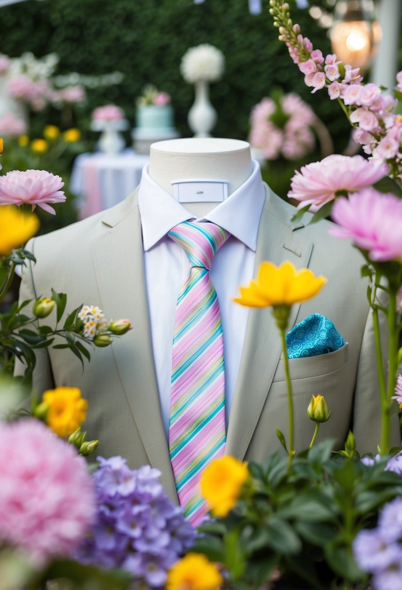 A garden party scene with pastel tie and pocket square, surrounded by blooming flowers and elegant outdoor decor
