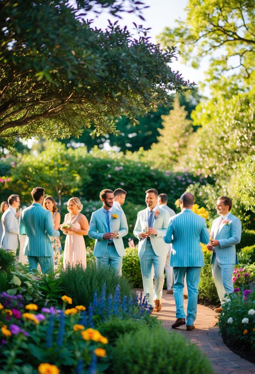 A lush garden with a mix of colorful flowers and greenery, where guests in seersucker suits mingle under the warm sunlight