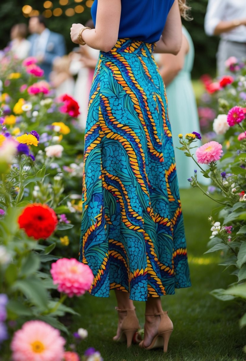 A vibrant patterned skirt surrounded by blooming flowers at a garden party