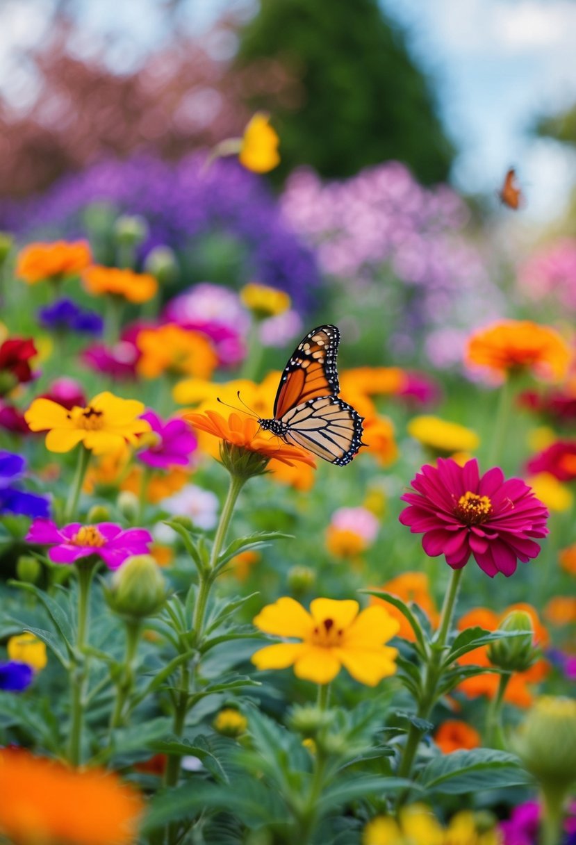A colorful garden with blooming flowers and fluttering butterflies