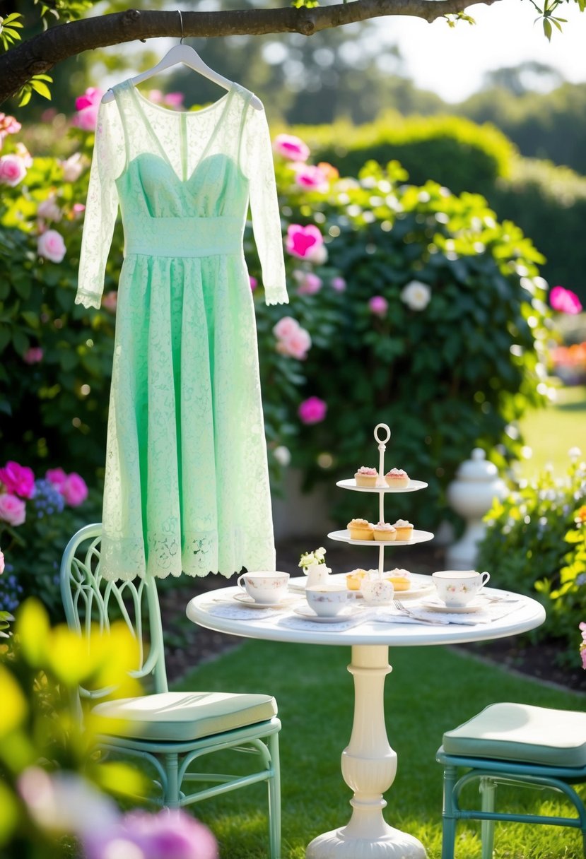 A lush garden setting with blooming flowers and a table set with elegant tea cups and pastries. A mint green lace midi dress hangs from a tree branch, catching the sunlight