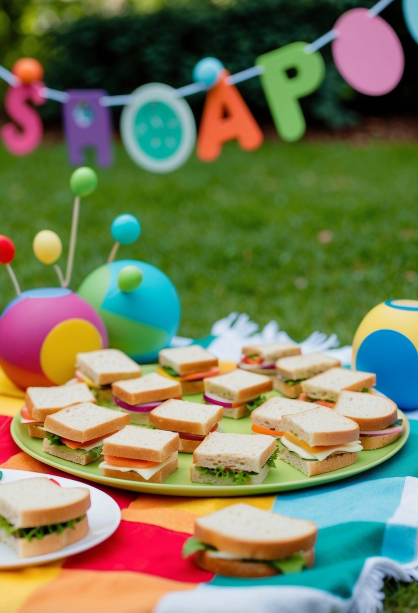 A colorful spread of mini sandwiches on a picnic blanket in a garden, surrounded by playful, child-friendly decorations