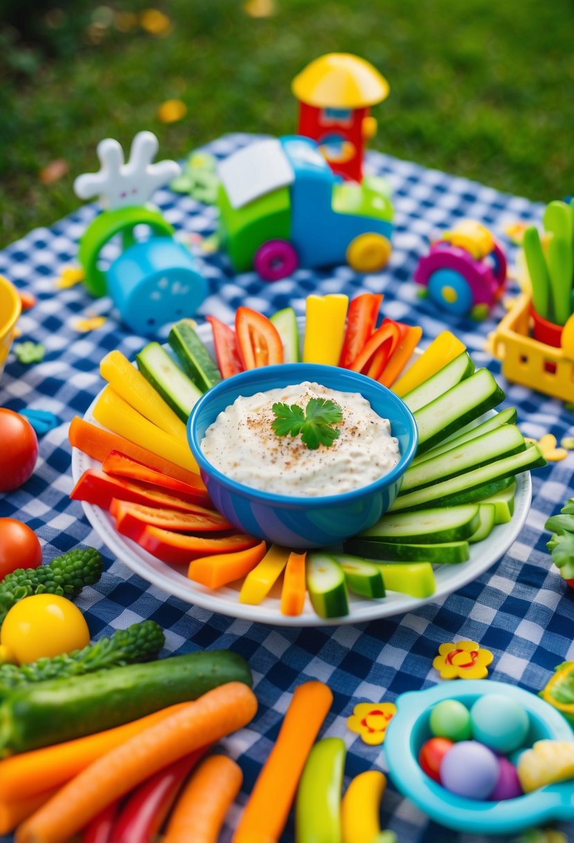 Colorful veggie sticks arranged around a bowl of dip on a picnic table, surrounded by playful garden decor and children's toys