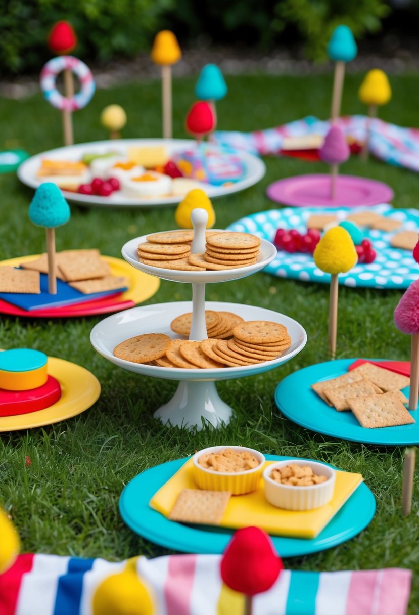 A whimsical garden scene with colorful cheese and cracker platters surrounded by playful, child-friendly decorations and picnic blankets