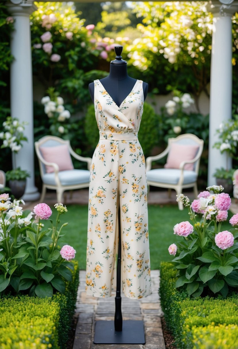A lush garden setting with a charming cream floral jumpsuit displayed on a mannequin, surrounded by blooming flowers and elegant garden furniture