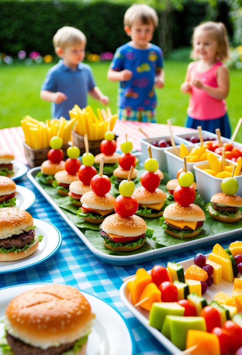 A colorful spread of mini burgers, fruit skewers, and veggie cups on a picnic table in a garden setting. Children play in the background