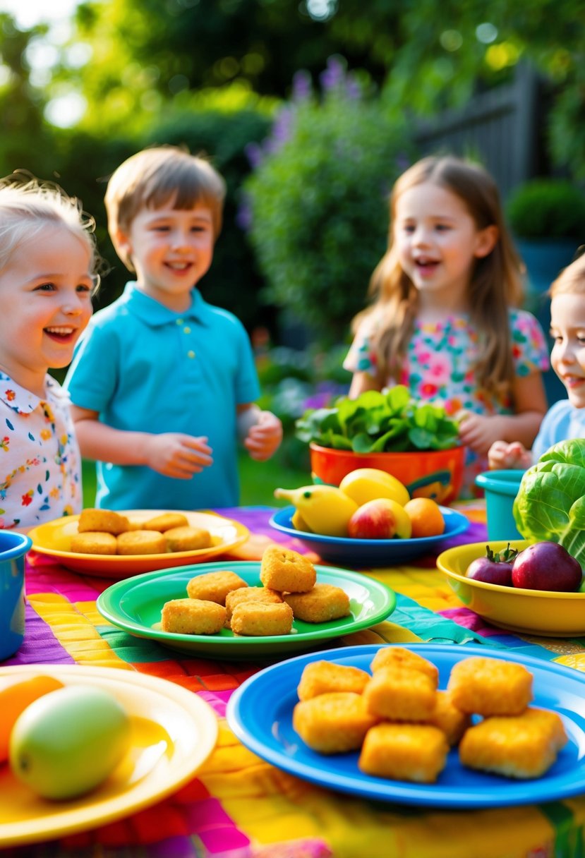 A colorful garden scene with a table set with chicken nuggets, fruit, and vegetables. Children are playing and laughing in the background