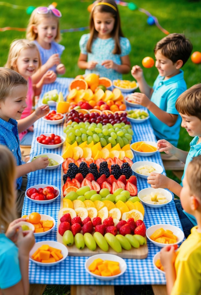 A colorful array of sliced fruits arranged on a picnic table, surrounded by happy children playing games and enjoying the sunny garden party